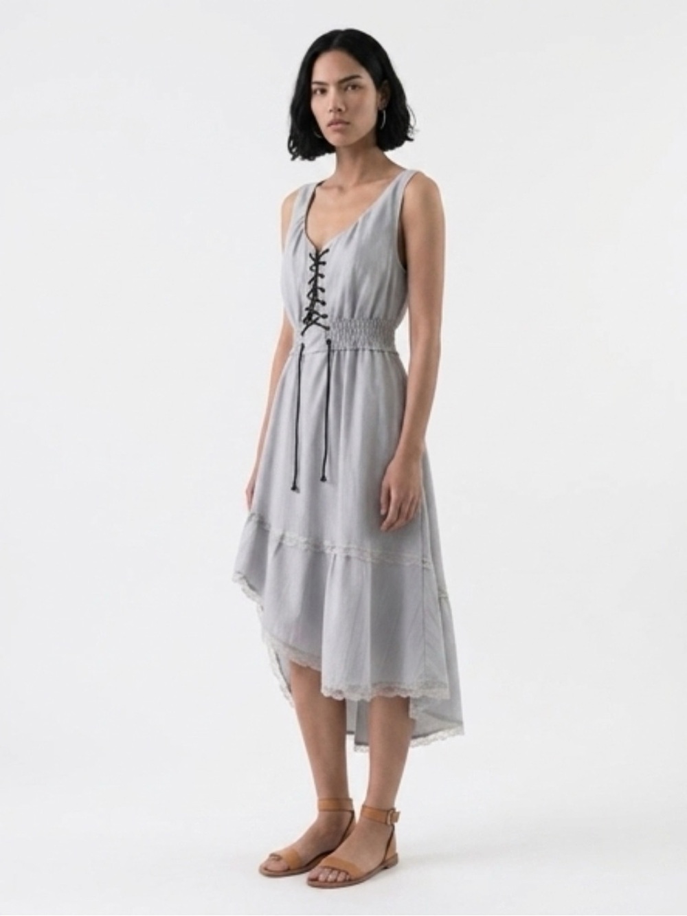 Sleeveless Light Gray Lace-Up Midi Dress